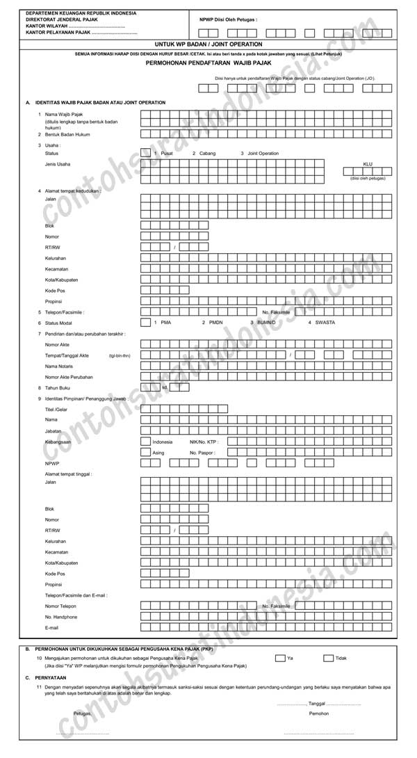 Formulir Pendaftaran NPWP Badan Usaha (Download Ms. Excel)